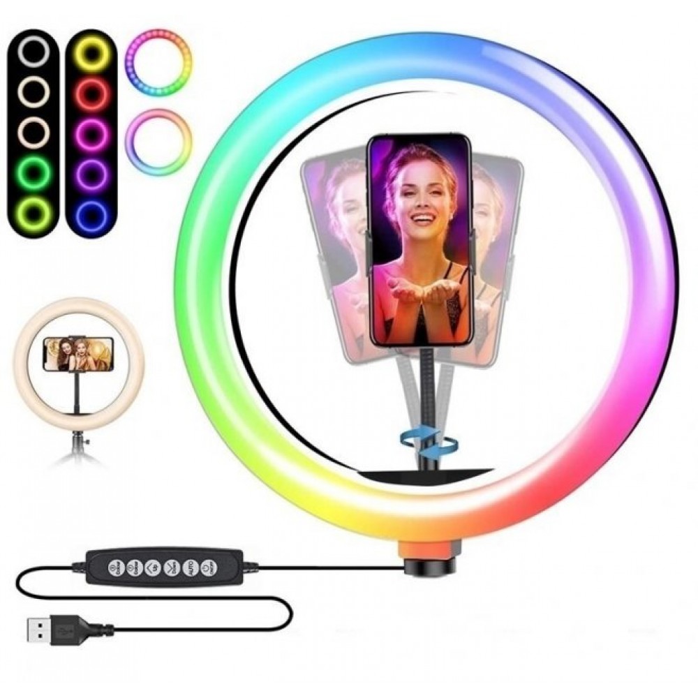 Разноцветная кольцевая LED лампа 33 см с держателем для смартфона Ring Light MJ33 RGB