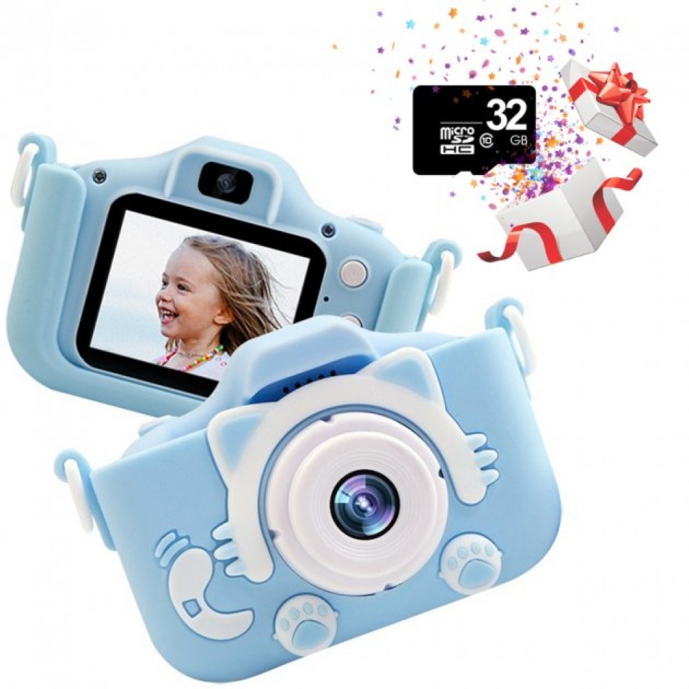 Детский цифровой фотоаппарат Кошечка с экраном 2 дюйма в силиконовом чехле Kitty голубой и розовый