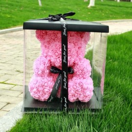 Мишка из 3d роз 40 см розовый в подарочной коробке